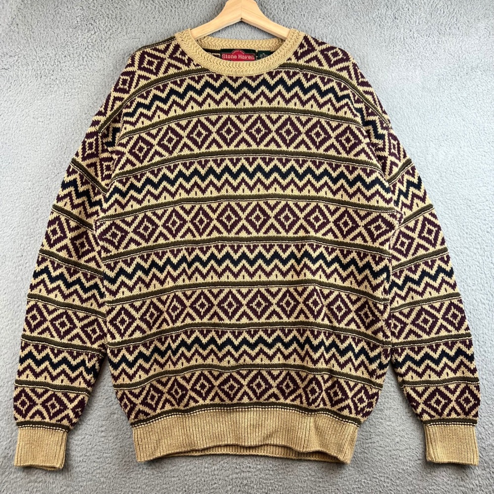 VTG Stone Haven Mens XL Geometric Fair Isle Sweater Tan  Cotton Ramie Knit